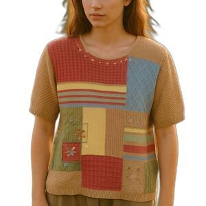 Vintage Patchwork Cottagecore Textured Knit Embroidered Blouse Size L Prairie